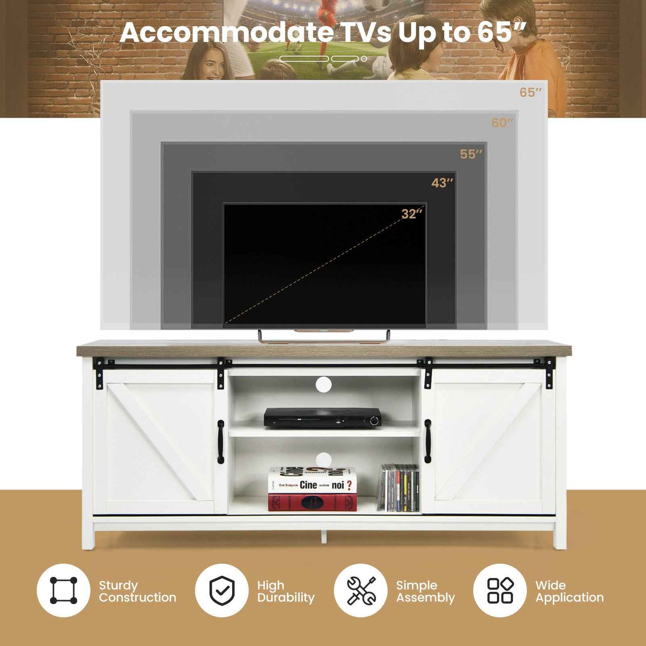 Wooden TV Stand for 65” Television with 2 Cabinets