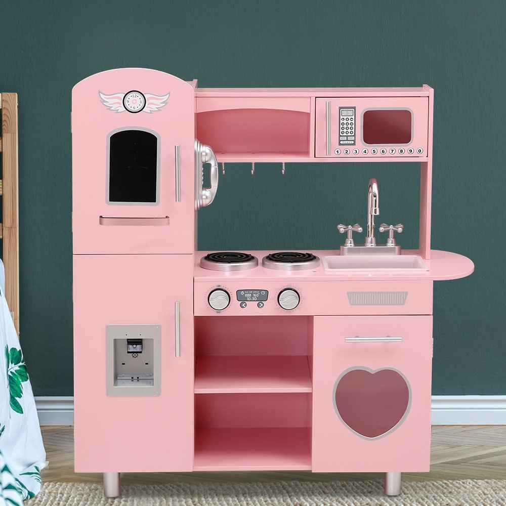 Keezi Kids Kitchen Play Set Wooden Pretend Toys Cooking Children Storage Pink