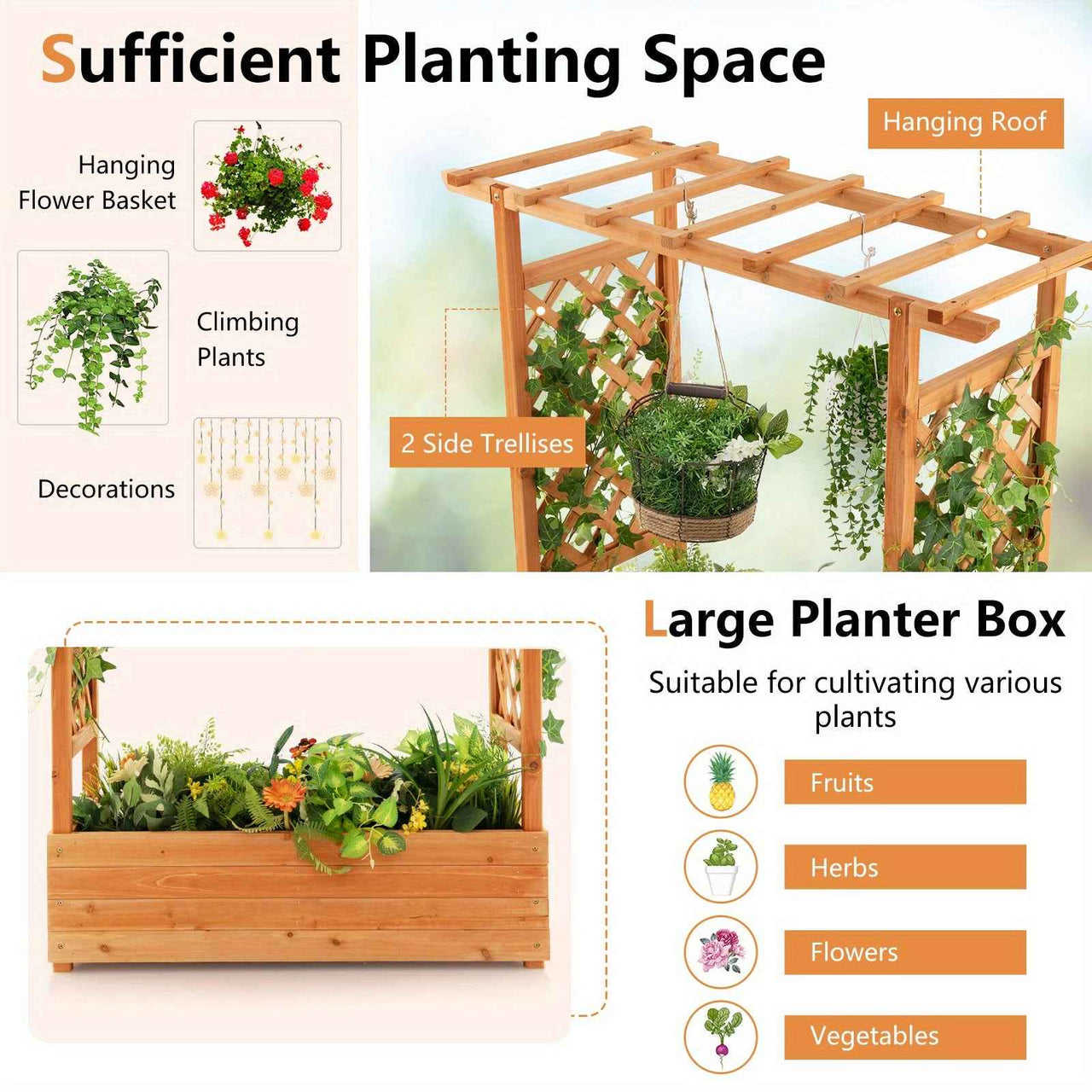 Large Wooden Raised Planter Garden Bed Container w/Top Trellis for Vine Climbing Plant Flower