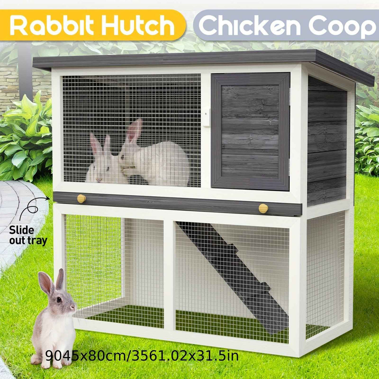 Outdoor Rabbit Hutch Wooden Chicken Coop, Spacious Mesh Wire Enclosed Cage, Pull Out Tray&Easy Clean For Bunnies, Chickens, Guinea Pigs, Rabbit