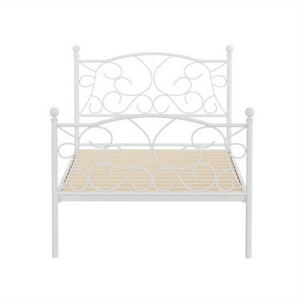 Artiss Single bed Size Metal Bed Frame - Contemporary White GROA Platform Foundation with Intricate Headboard Design