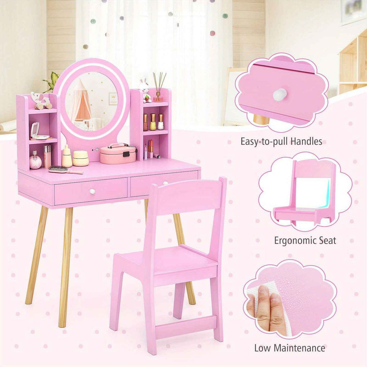 Pink Kids Vanity Dressing Table & Chair Set Makeup Desk & Chair w/ 2-Color Front Lit Mirror