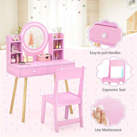 Thumbnail for Pink Kids Vanity Dressing Table & Chair Set Makeup Desk & Chair w/ 2-Color Front Lit Mirror