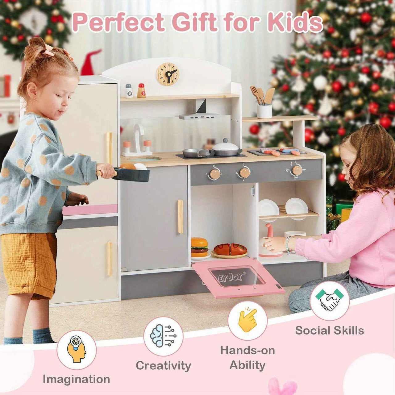 Pretend Play Kitchen w/Refrigerator Wooden Toy Set Kids Kitchen Cooking Sink Playset Pink