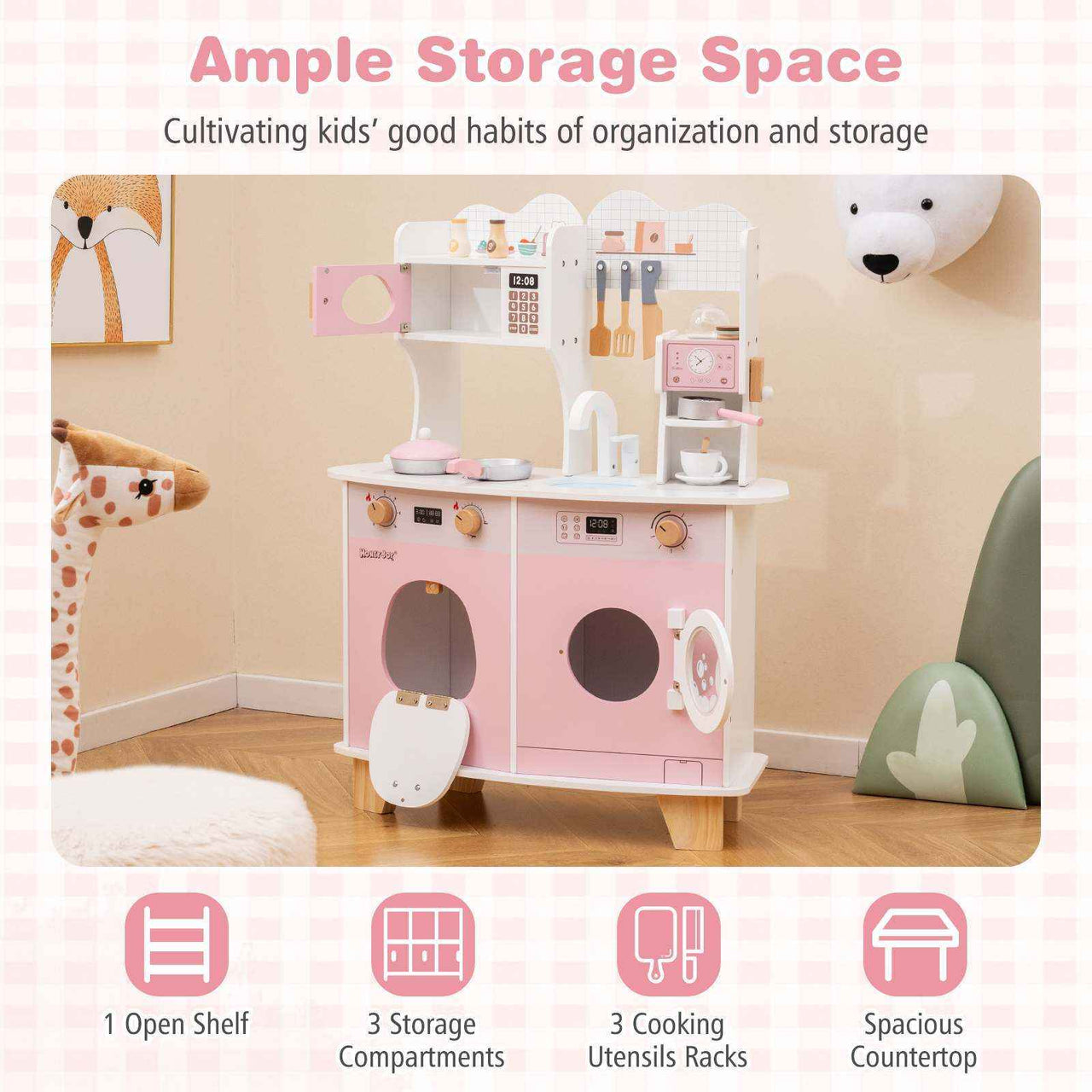 Pink Pretend Play Kids Kitchen Set with Coffee Maker & More