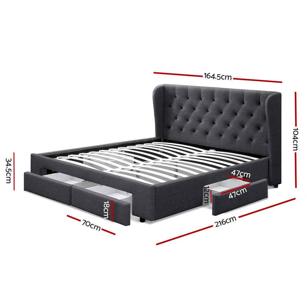 MILA Charcoal Gray Large Queen Bed Frame with Four Storage Drawers | Contemporary Wood