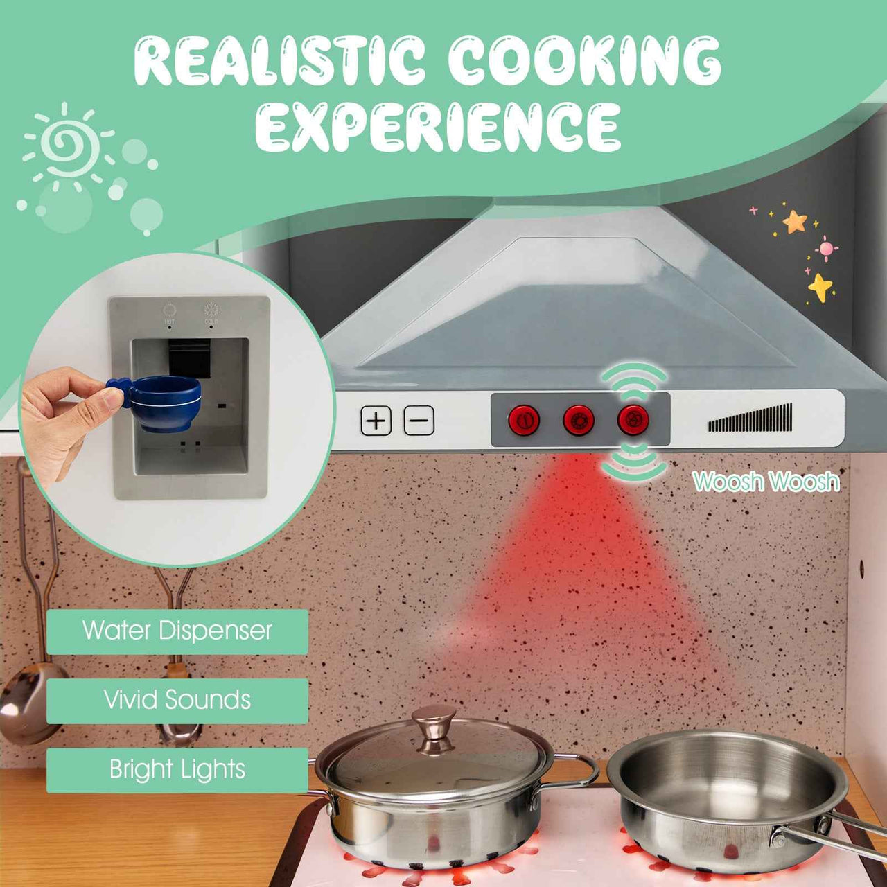 Wooden Kids Kitchen Playset with Light & Sound Stove, Stool, and Icemaker