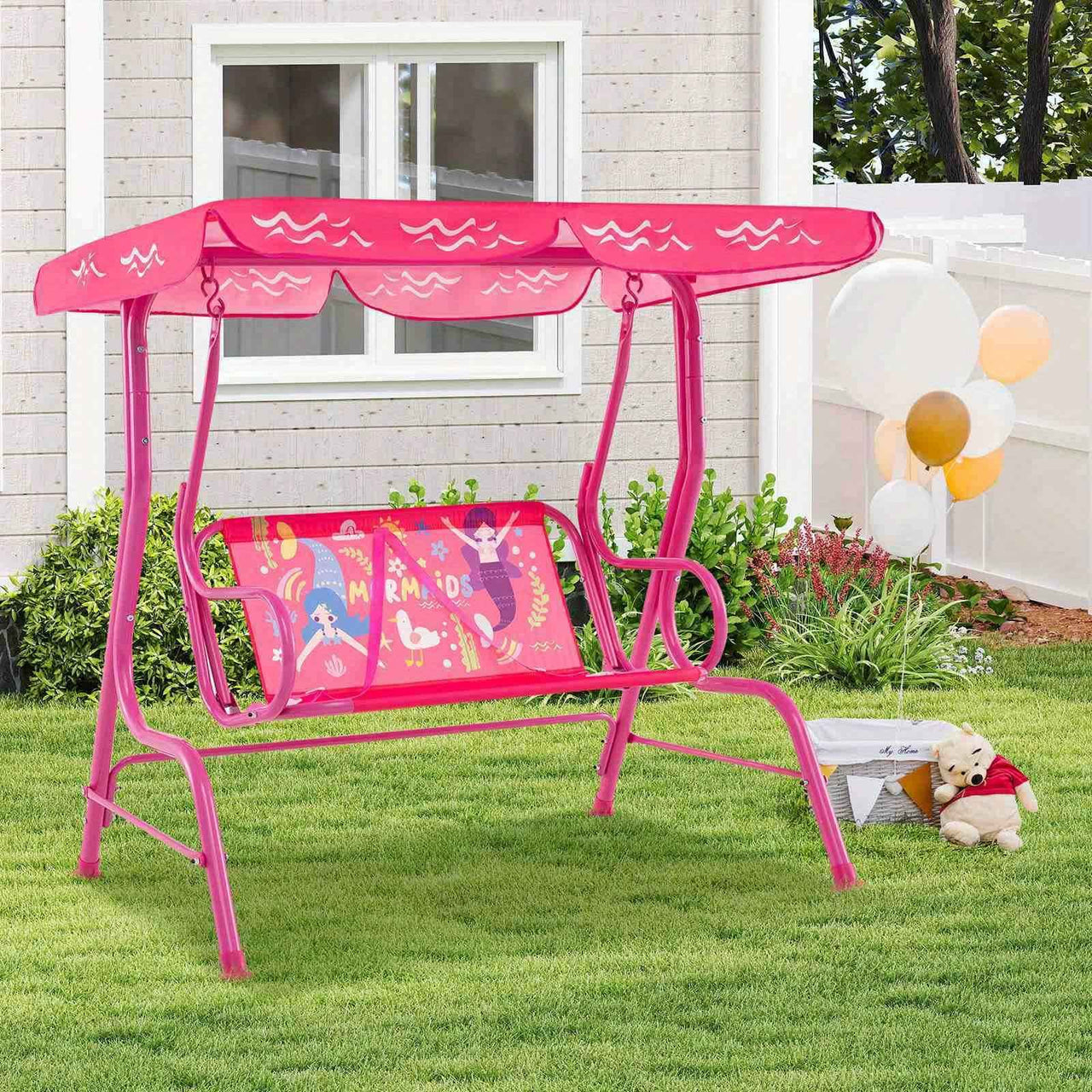 2-Seater Porch Swing Indoor / outdoor kids Chair Bench w/ Adjustable Tilt Canopy & Metal Stand Mermaid Pattern Pink