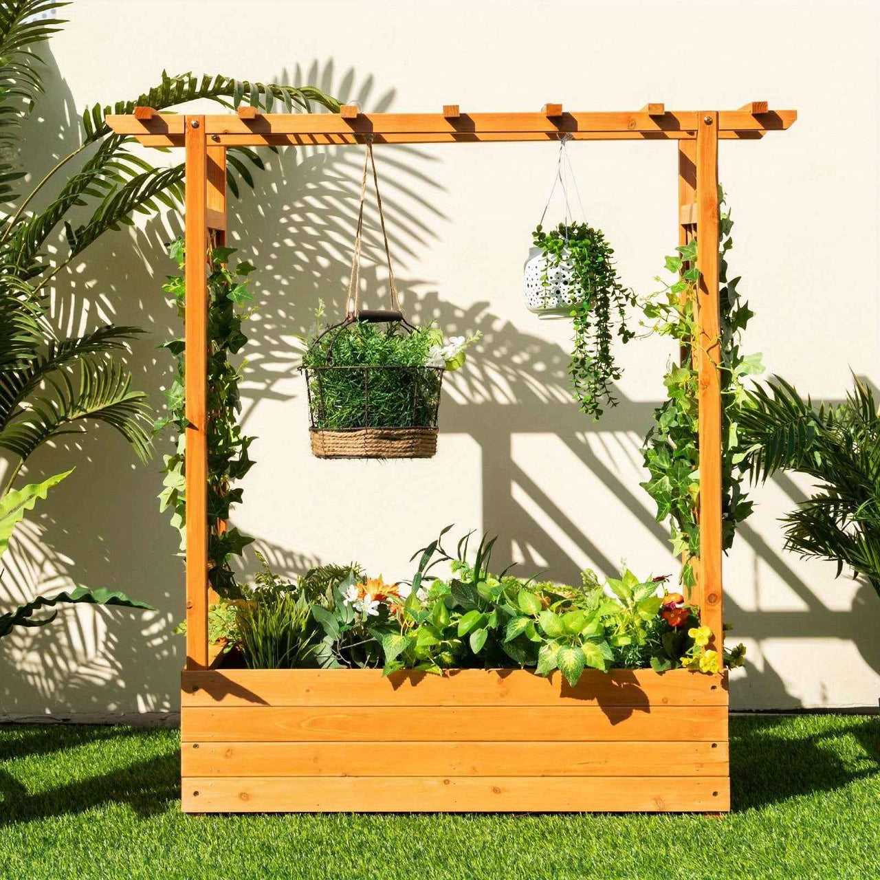Large Wooden Raised Planter Garden Bed Container w/Top Trellis for Vine Climbing Plant Flower