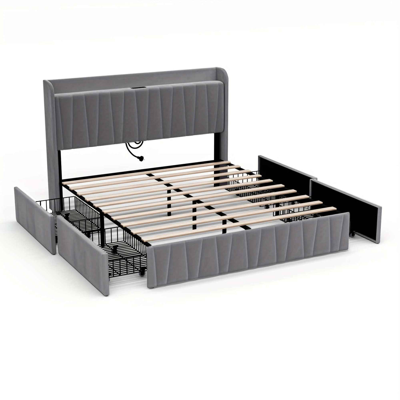 Velvet Bed Frame: 4 Drawers, USB Charging, Modern Platform Queen bed / Double double Size Bed Frame