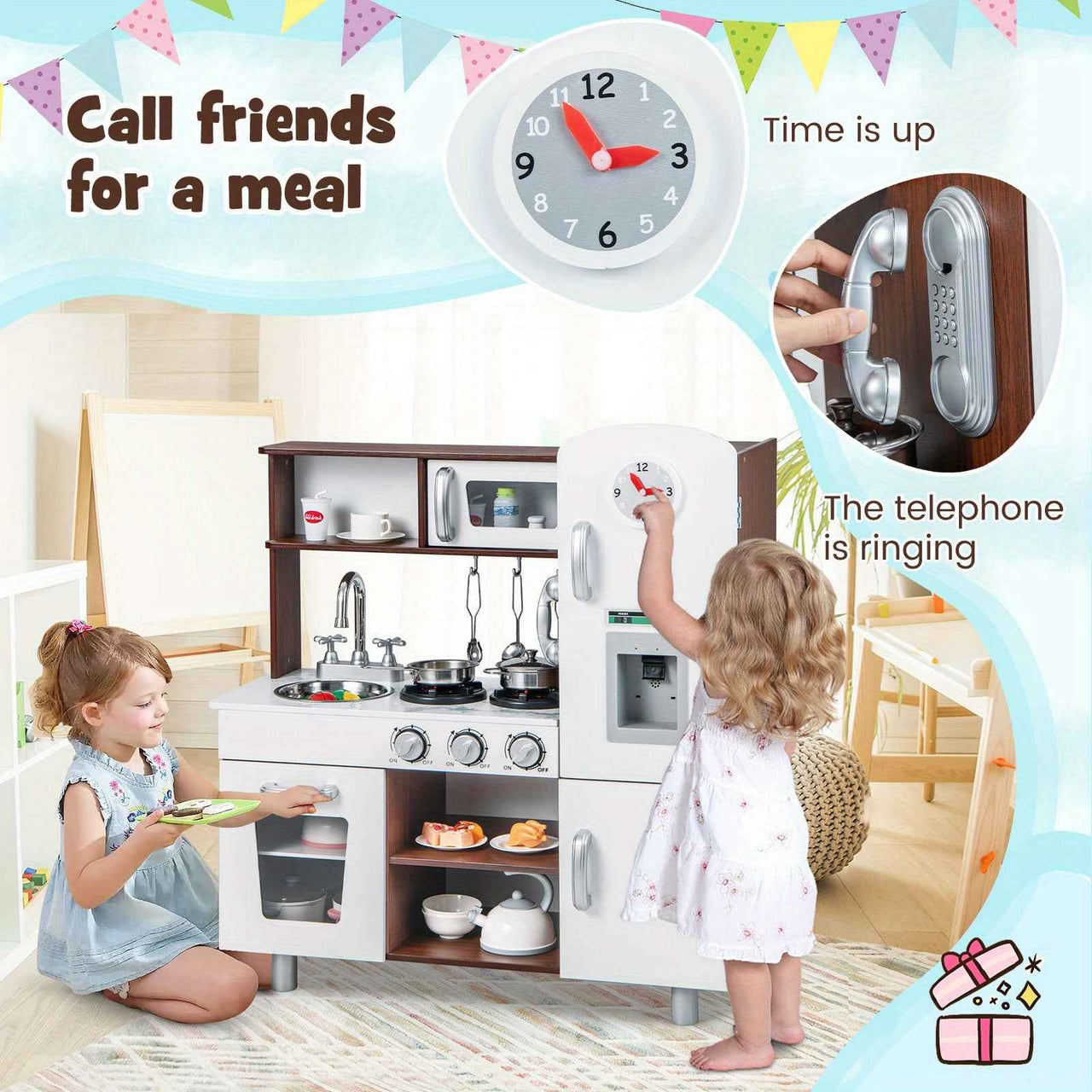 LIFEZEAL Kitchen Play Set Pretend Play Toys Wooden Cooking Accessories w/ Realistic Sounds & Lights