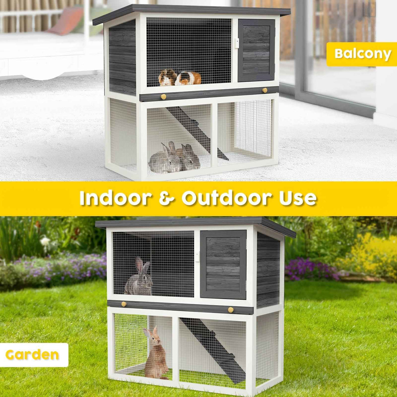 Outdoor Rabbit Hutch Wooden Chicken Coop, Spacious Mesh Wire Enclosed Cage, Pull Out Tray&Easy Clean For Bunnies, Chickens, Guinea Pigs, Rabbit