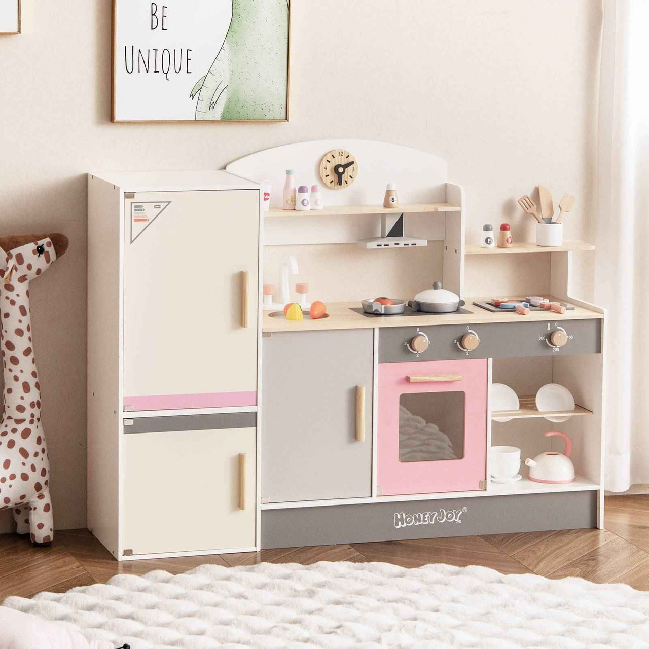 Pretend Play Kitchen w/Refrigerator Wooden Toy Set Kids Kitchen Cooking Sink Playset Pink
