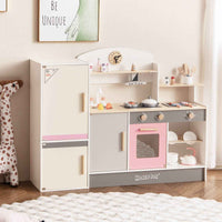 Thumbnail for Pretend Play Kitchen w/Refrigerator Wooden Toy Set Kids Kitchen Cooking Sink Playset Pink