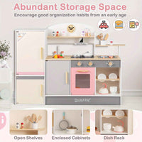 Thumbnail for Pretend Play Kitchen w/Refrigerator Wooden Toy Set Kids Kitchen Cooking Sink Playset Pink