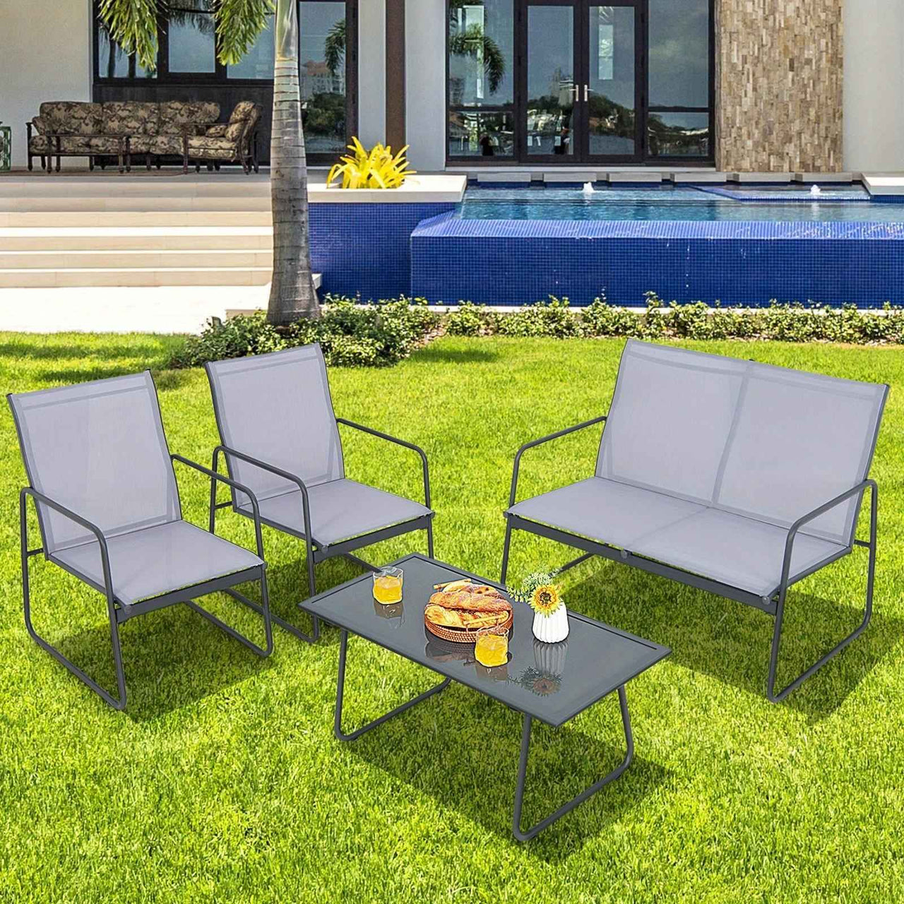 MULTIGOT 4pcs Patio Furniture Table Chair Set Conversation Table Garden Balcony