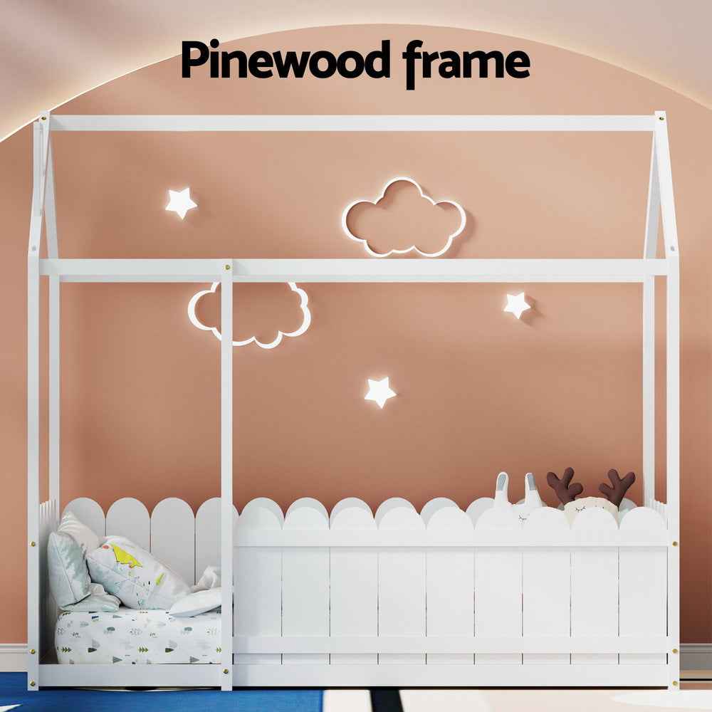 White Wooden toddler Bed House-Shaped Single Bed Frame - Solid Pine Wood