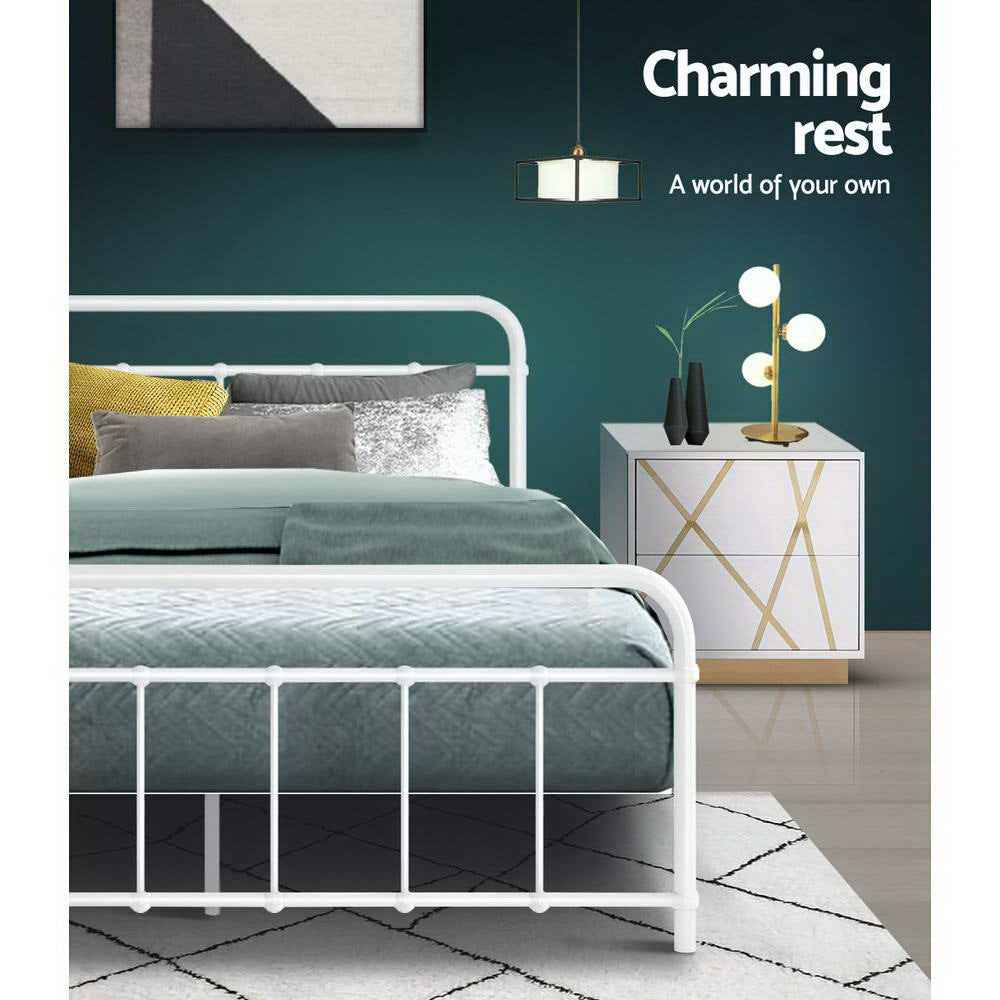Sturdy White Metal Double Bed Frame - Modern Country Style