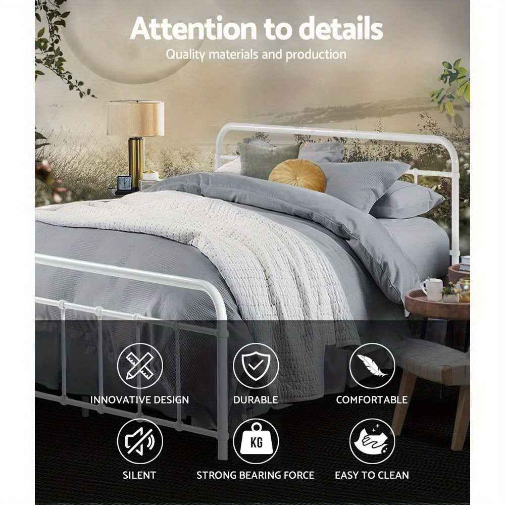 Sturdy White Metal Double Bed Frame - Modern Country Style