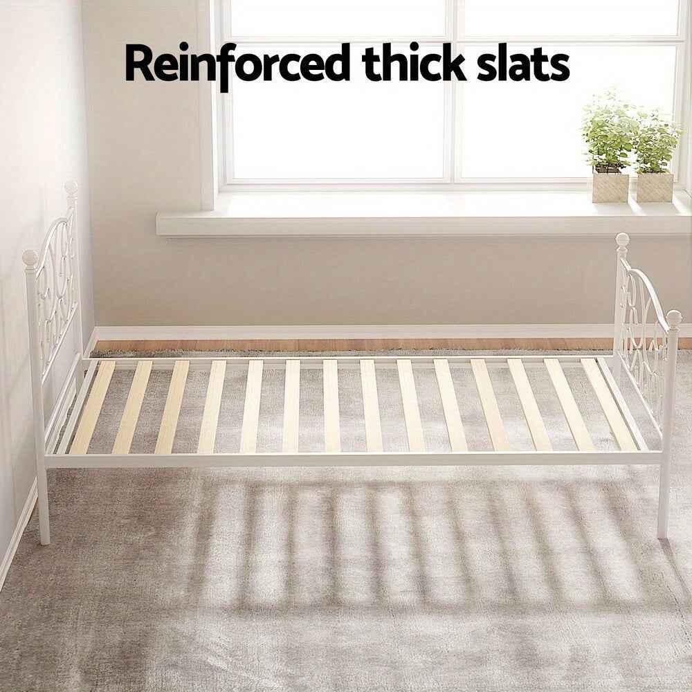 Artiss Single bed Size Metal Bed Frame - Contemporary White GROA Platform Foundation with Intricate Headboard Design