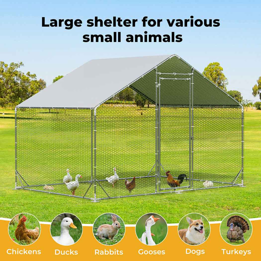 Chicken Coop Large Pet Cage, Thick Galvanized Metal Hen House with Waterproof Sun-Protective Cover