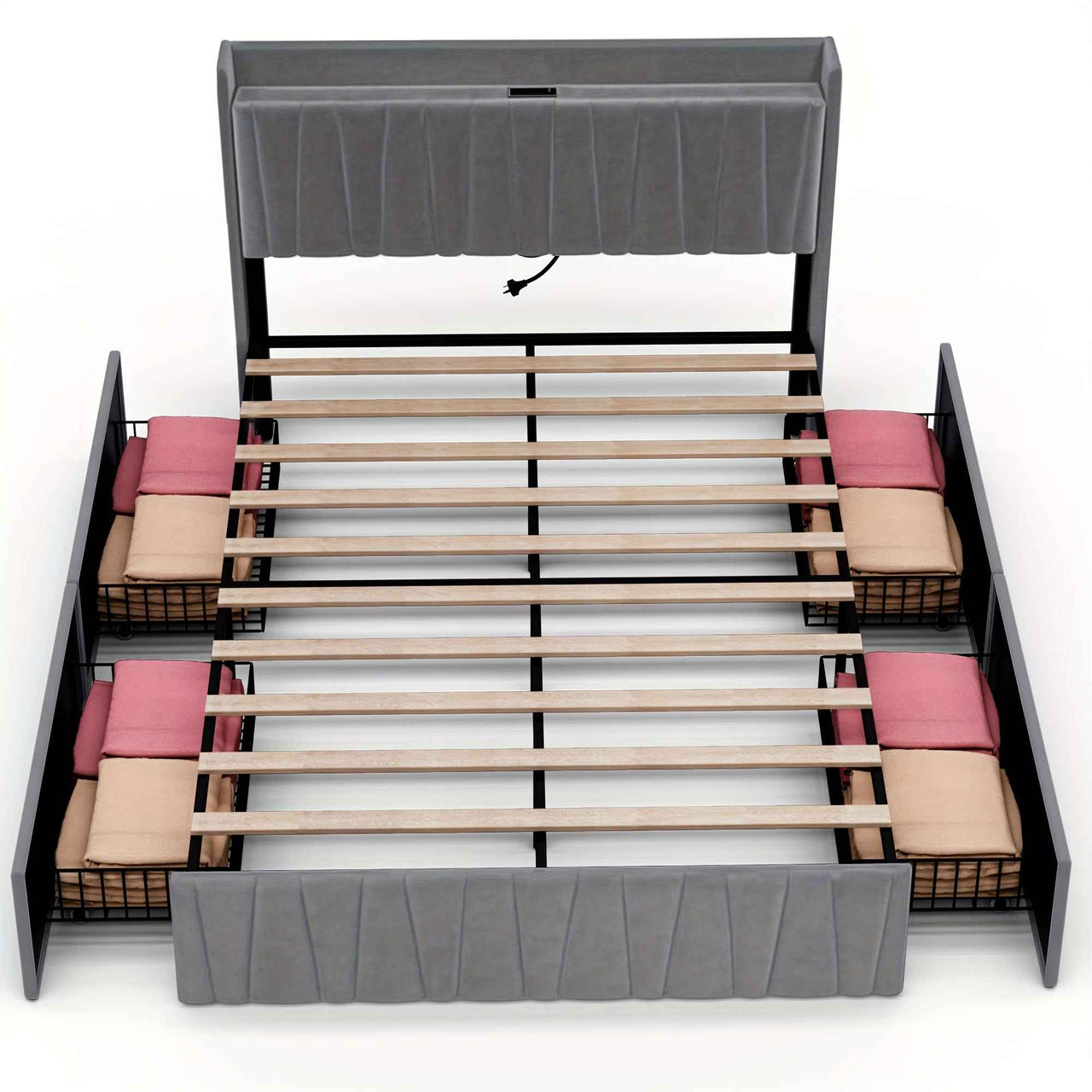 Velvet Bed Frame: 4 Drawers, USB Charging, Modern Platform Queen bed / Double double Size Bed Frame