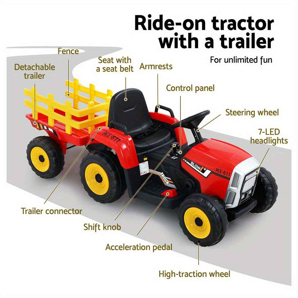 Tractor with Detachable Trailer Kids Ride on Electric Car | Engine Red (with Yellow)  Speed Controller Pedals (Forward/Reverse),