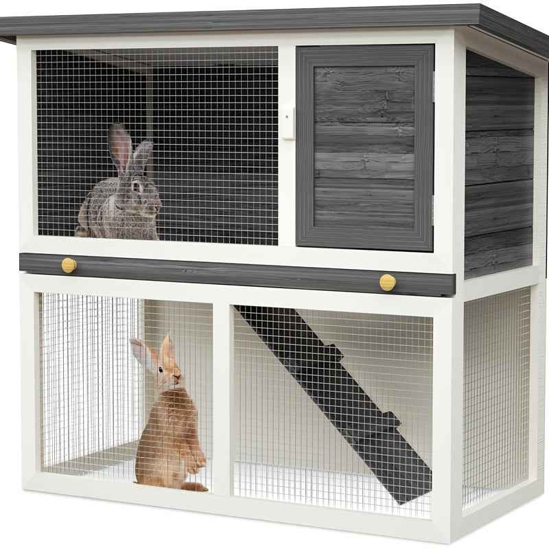 Outdoor Rabbit Hutch Wooden Chicken Coop, Spacious Mesh Wire Enclosed Cage, Pull Out Tray&Easy Clean For Bunnies, Chickens, Guinea Pigs, Rabbit