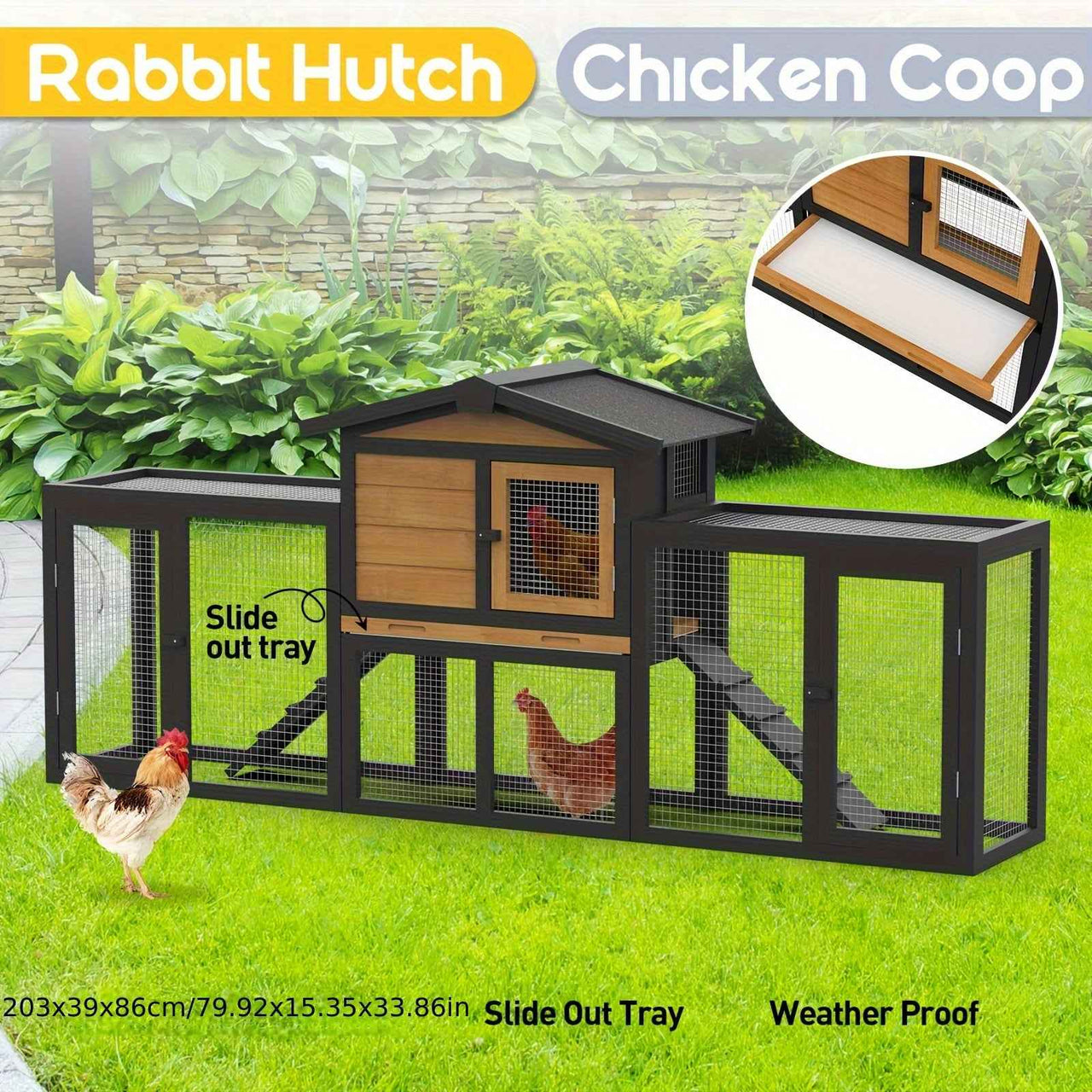2 Storey Rabbit Hutch Wooden Outdoor Chicken Coop, Pull Out Tray&Easy Clean For Bunnies, Chickens, Guinea Pigs, Rabbit