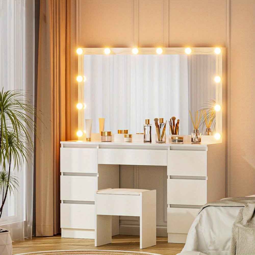 Dressing Table with Stool Illuminated vanity table with 12 LED bulbs