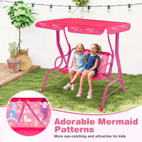 Thumbnail for 2-Seater Porch Swing Indoor / outdoor kids Chair Bench w/ Adjustable Tilt Canopy & Metal Stand Mermaid Pattern Pink