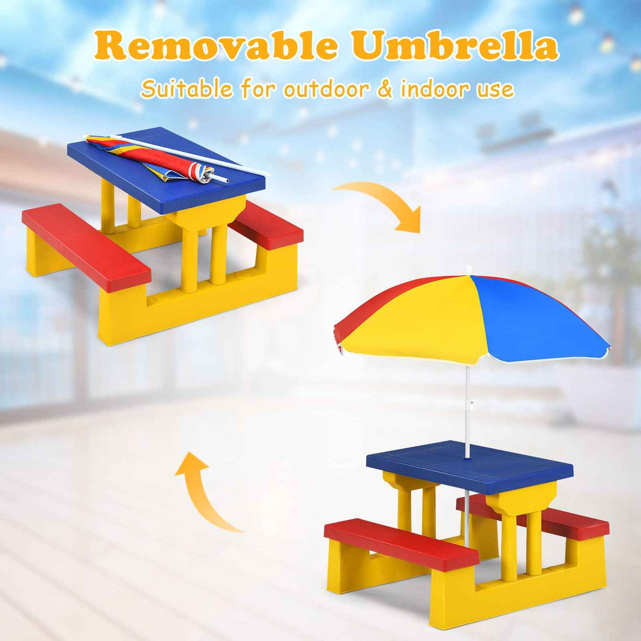 Kids Picnic Table Set Bench w/ Removable Umbrella Patio Yard, Mixed Color Plastic