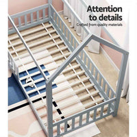 Thumbnail for Grey Solid Pine House Toddler Bed Frame for Kids - Slatted Base & Storage Shelf