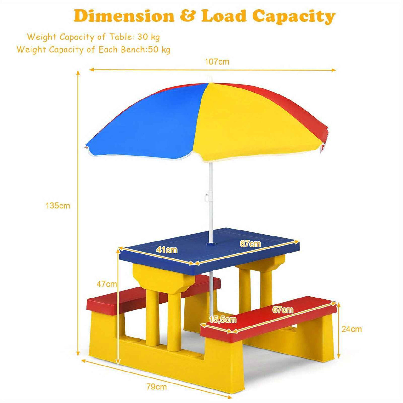 Kids Picnic Table Set Bench w/ Removable Umbrella Patio Yard, Mixed Color Plastic