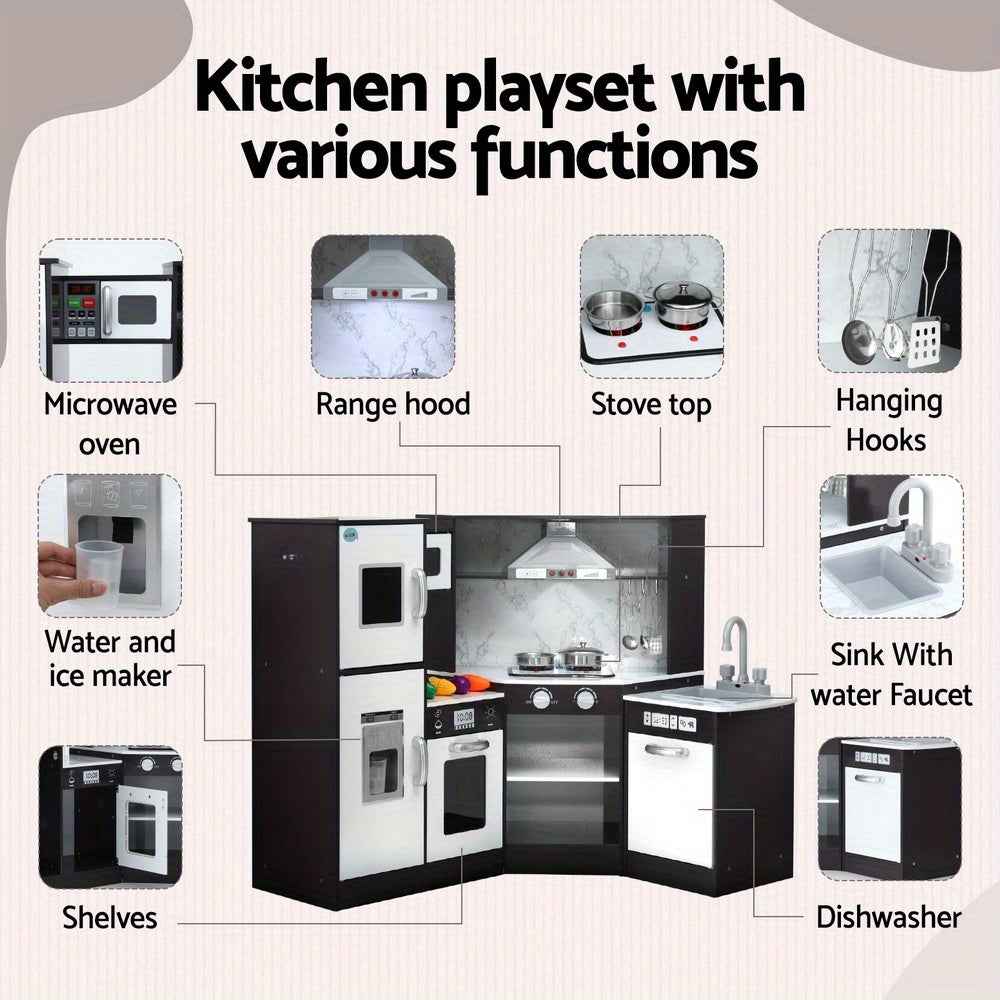 Keezi Kids Kitchen Play Set Wooden Pretend Cooking Playset w/Sounds Lights Black