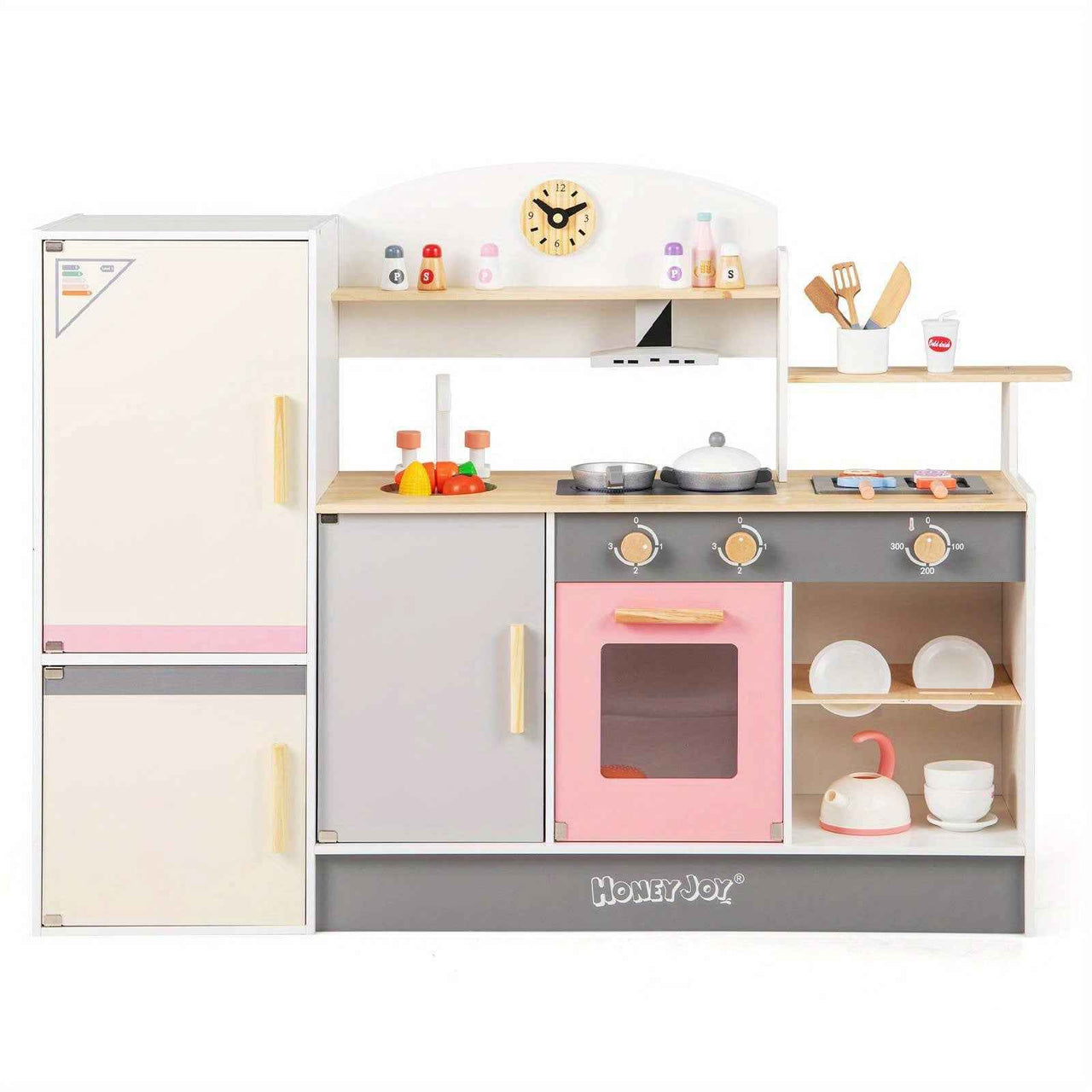 Pretend Play Kitchen w/Refrigerator Wooden Toy Set Kids Kitchen Cooking Sink Playset Pink