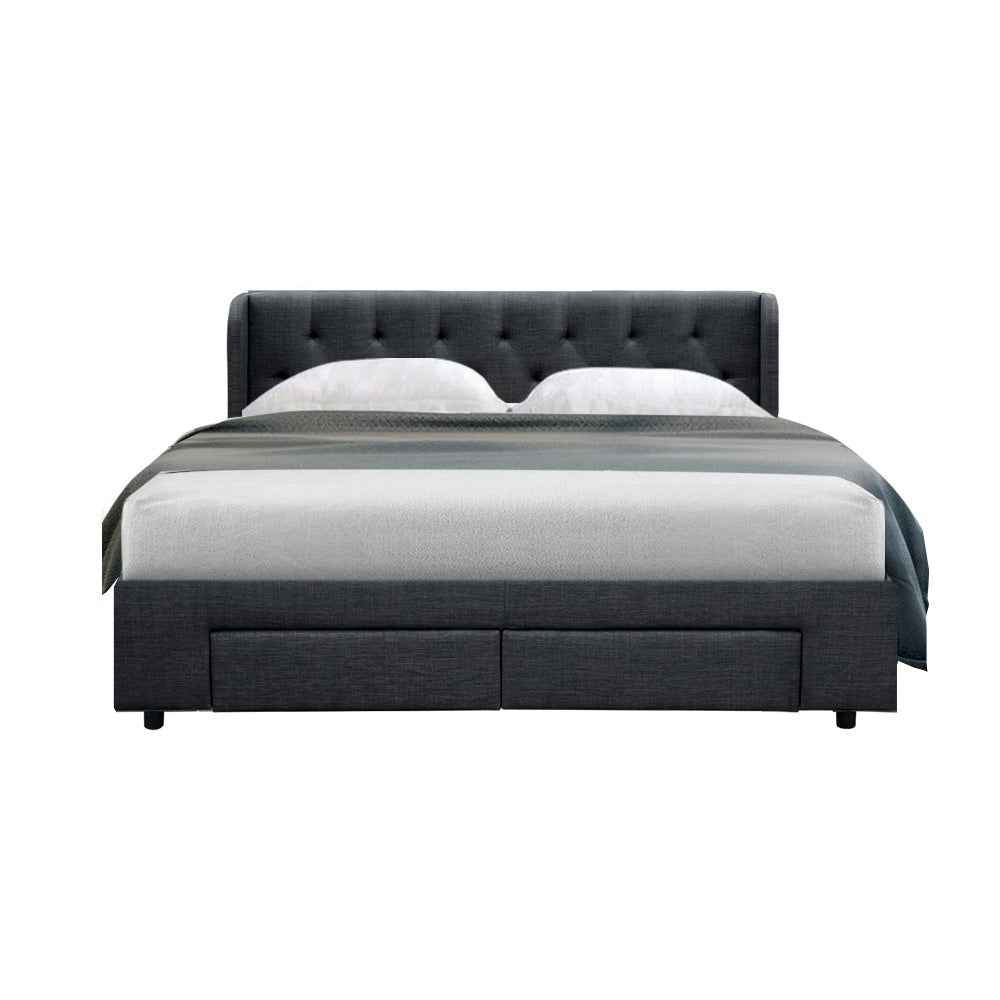 MILA Charcoal Gray Large Queen Bed Frame with Four Storage Drawers | Contemporary Wood