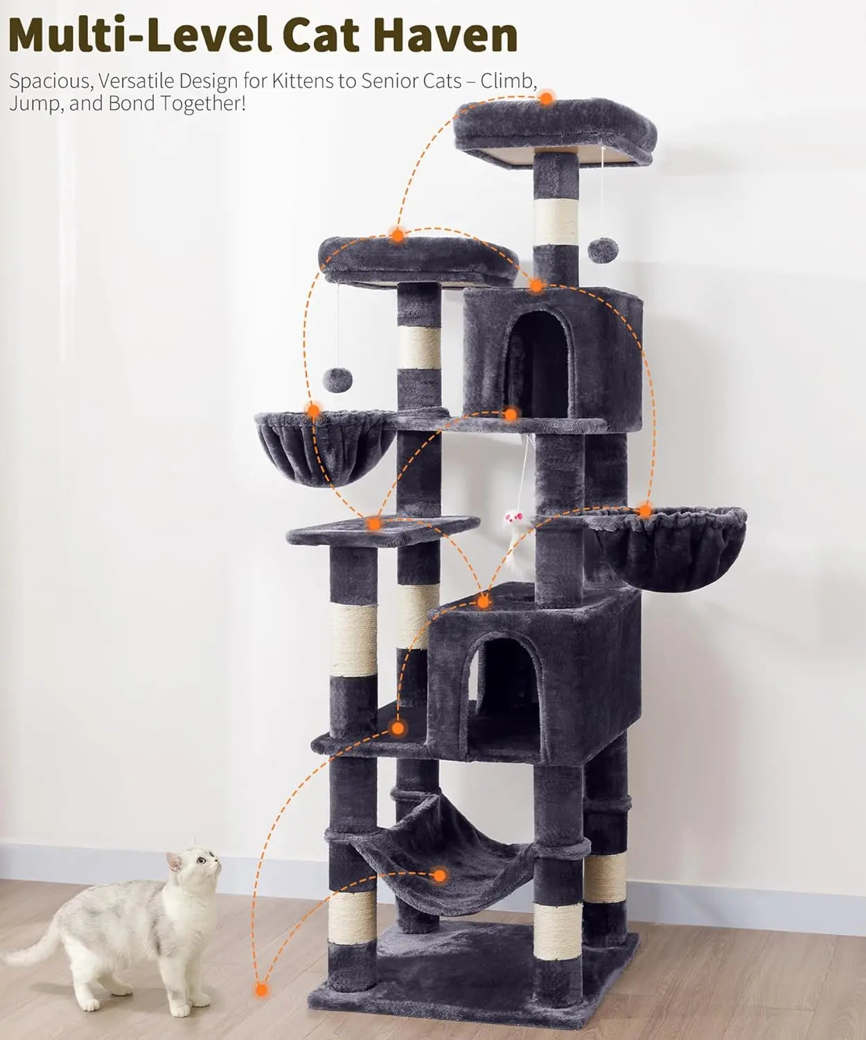 AMHANCIBLE 180cm Tall Cat Tree Scratching Post Hammock Condos Hanging Basket  Activity Center  Dark Grey dealsrusau