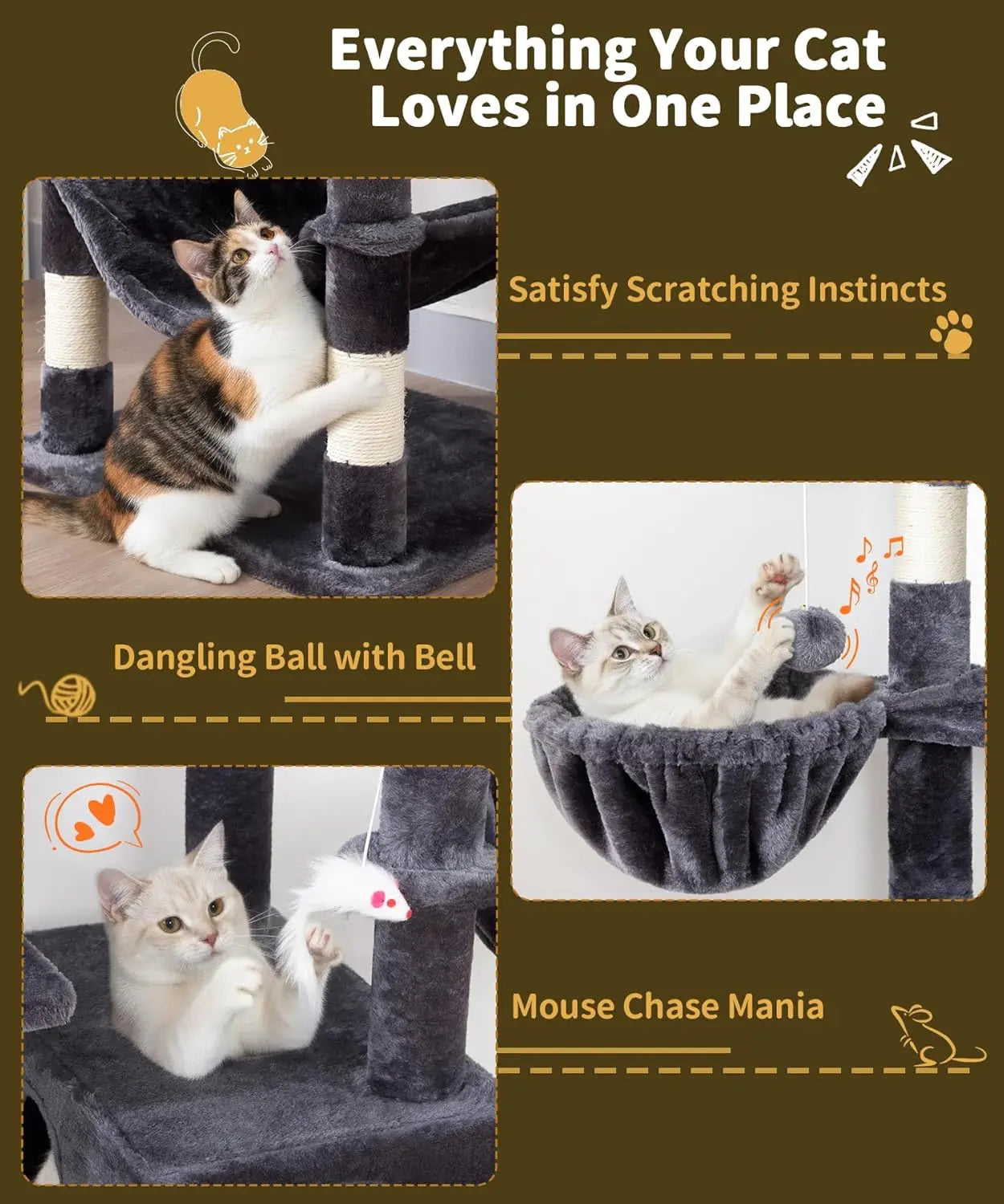 AMHANCIBLE 180cm Tall Cat Tree Scratching Post Hammock Condos Hanging Basket  Activity Center  Dark Grey dealsrusau