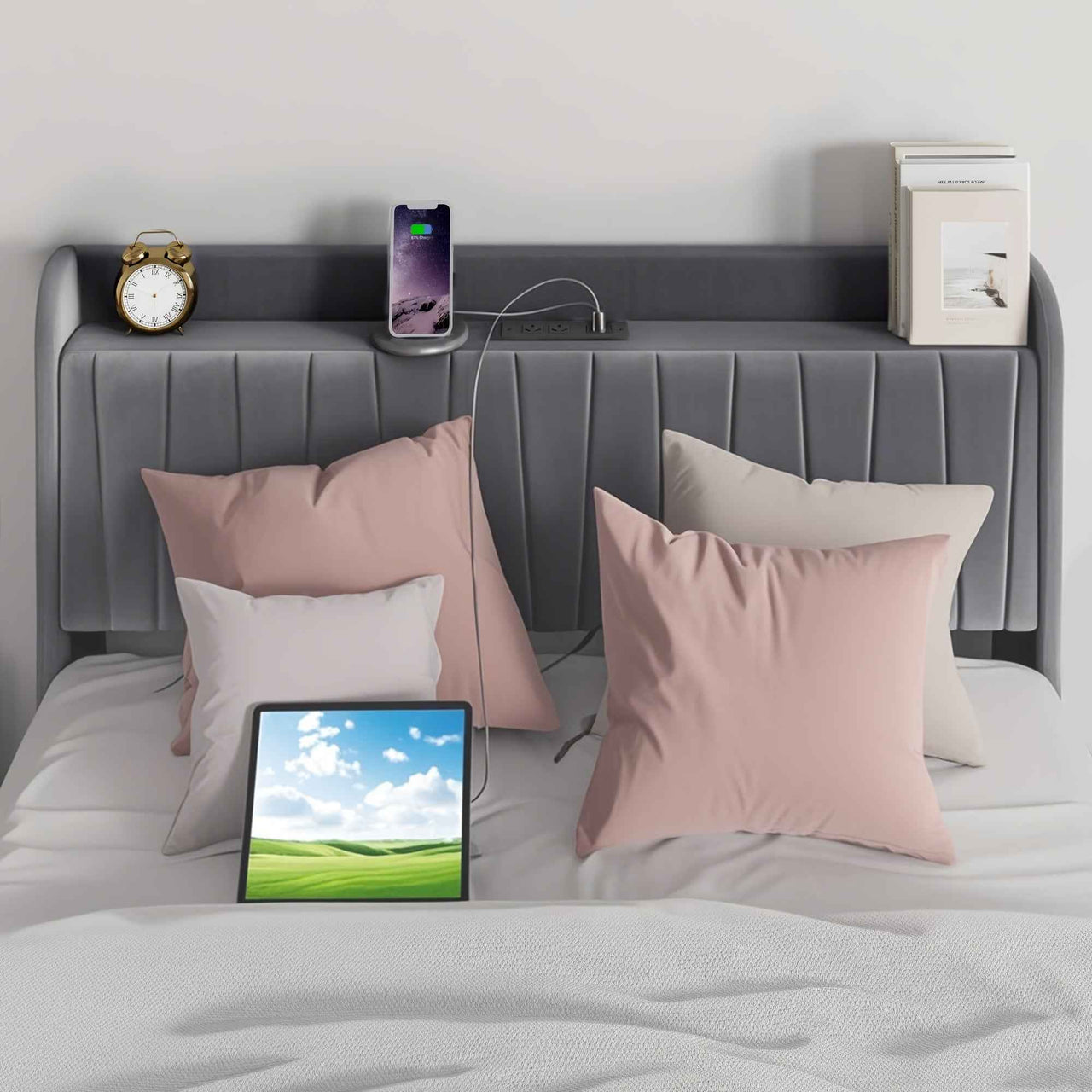 Velvet Bed Frame: 4 Drawers, USB Charging, Modern Platform Queen bed / Double double Size Bed Frame