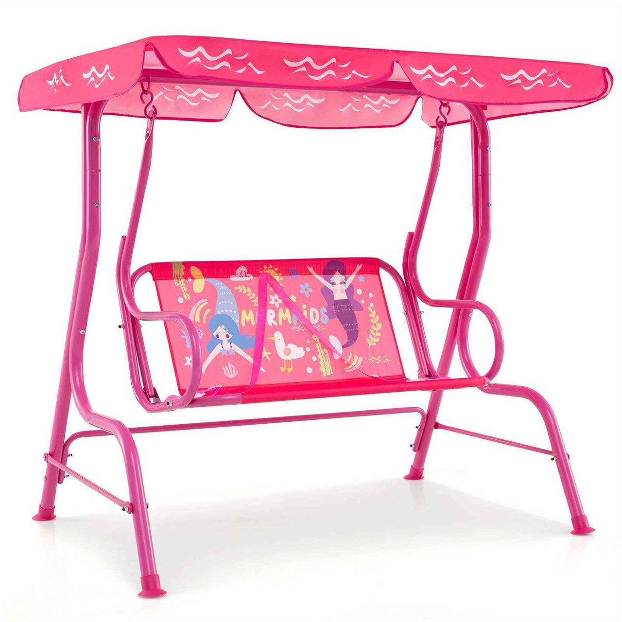 2-Seater Porch Swing Indoor / outdoor kids Chair Bench w/ Adjustable Tilt Canopy & Metal Stand Mermaid Pattern Pink