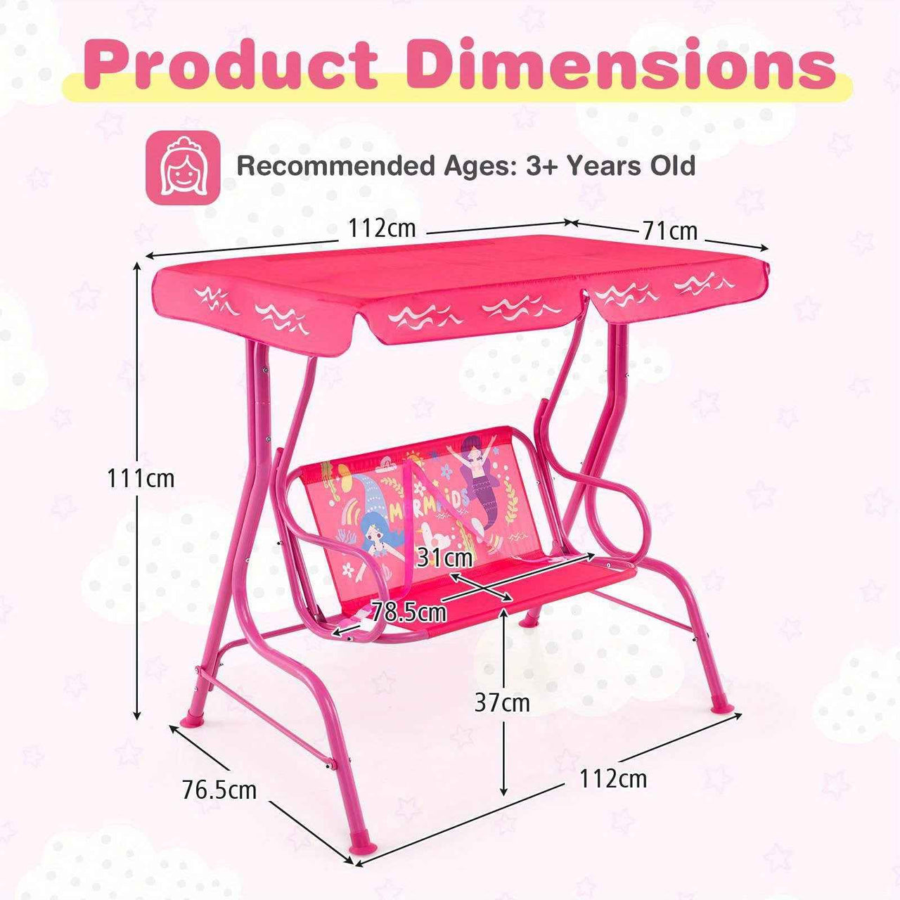 2-Seater Porch Swing Indoor / outdoor kids Chair Bench w/ Adjustable Tilt Canopy & Metal Stand Mermaid Pattern Pink