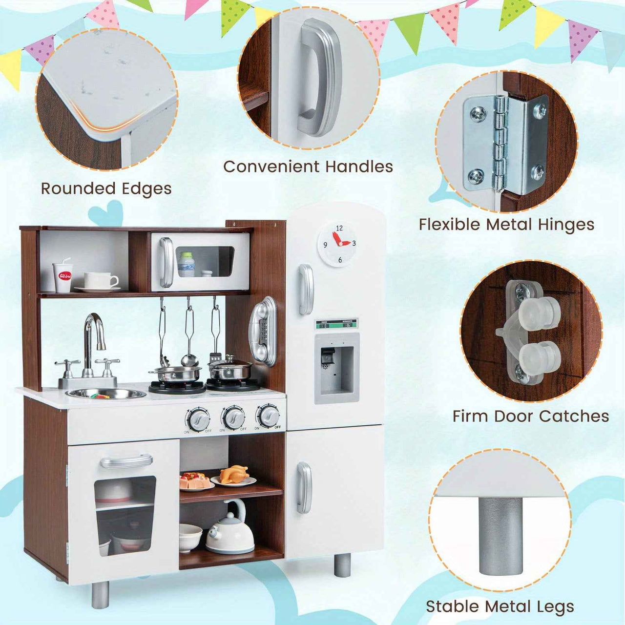 LIFEZEAL Kitchen Play Set Pretend Play Toys Wooden Cooking Accessories w/ Realistic Sounds & Lights