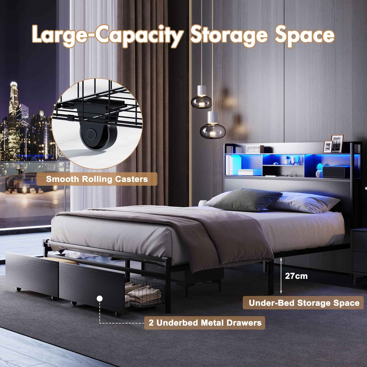 Ufurniture Queen bed / Double bed  LED Bed Frame with USB Charging & Storage Drawers - Modern Metal Platform Bed
