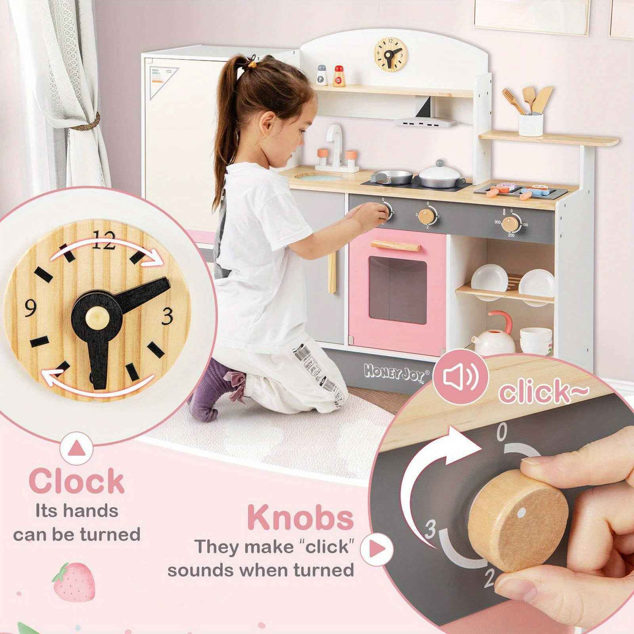 Pretend Play Kitchen w/Refrigerator Wooden Toy Set Kids Kitchen Cooking Sink Playset Pink