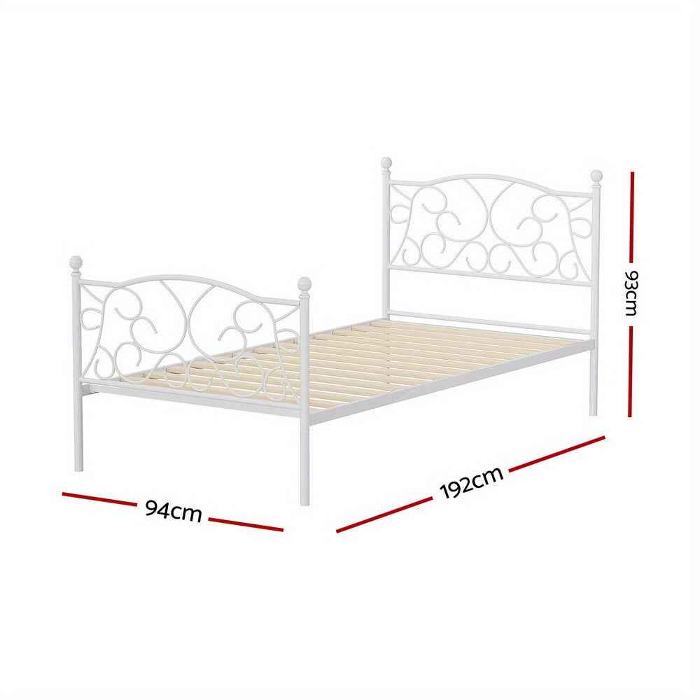 Artiss Single bed Size Metal Bed Frame - Contemporary White GROA Platform Foundation with Intricate Headboard Design
