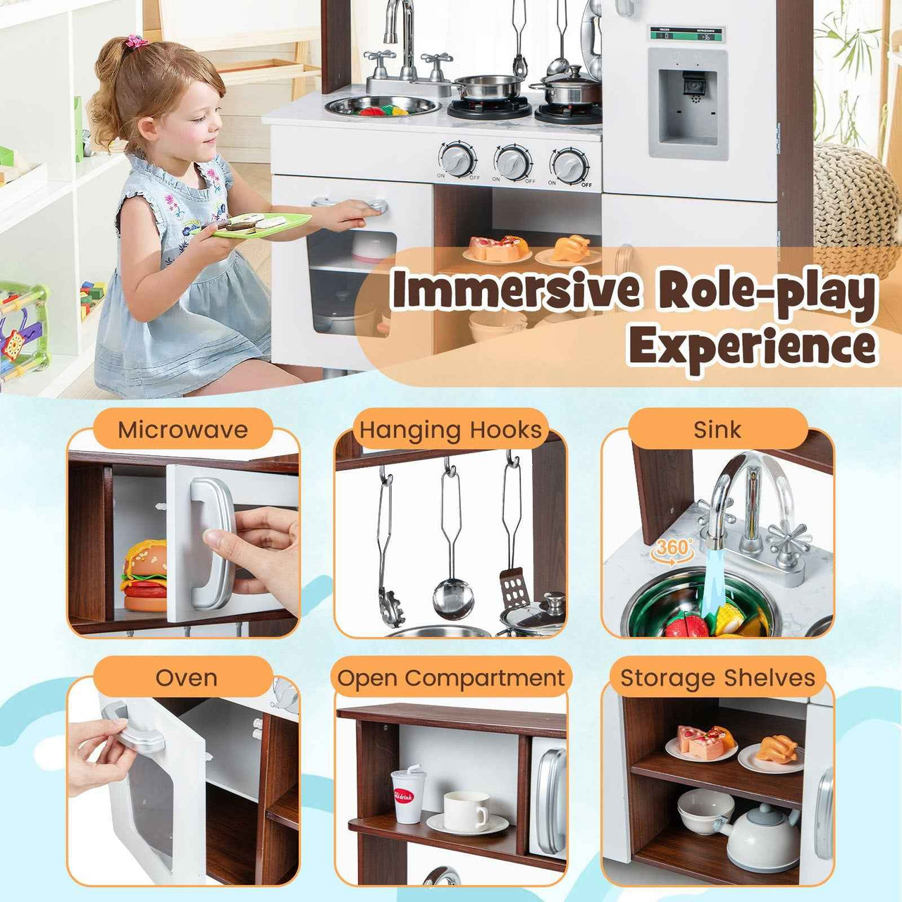LIFEZEAL Kitchen Play Set Pretend Play Toys Wooden Cooking Accessories w/ Realistic Sounds & Lights