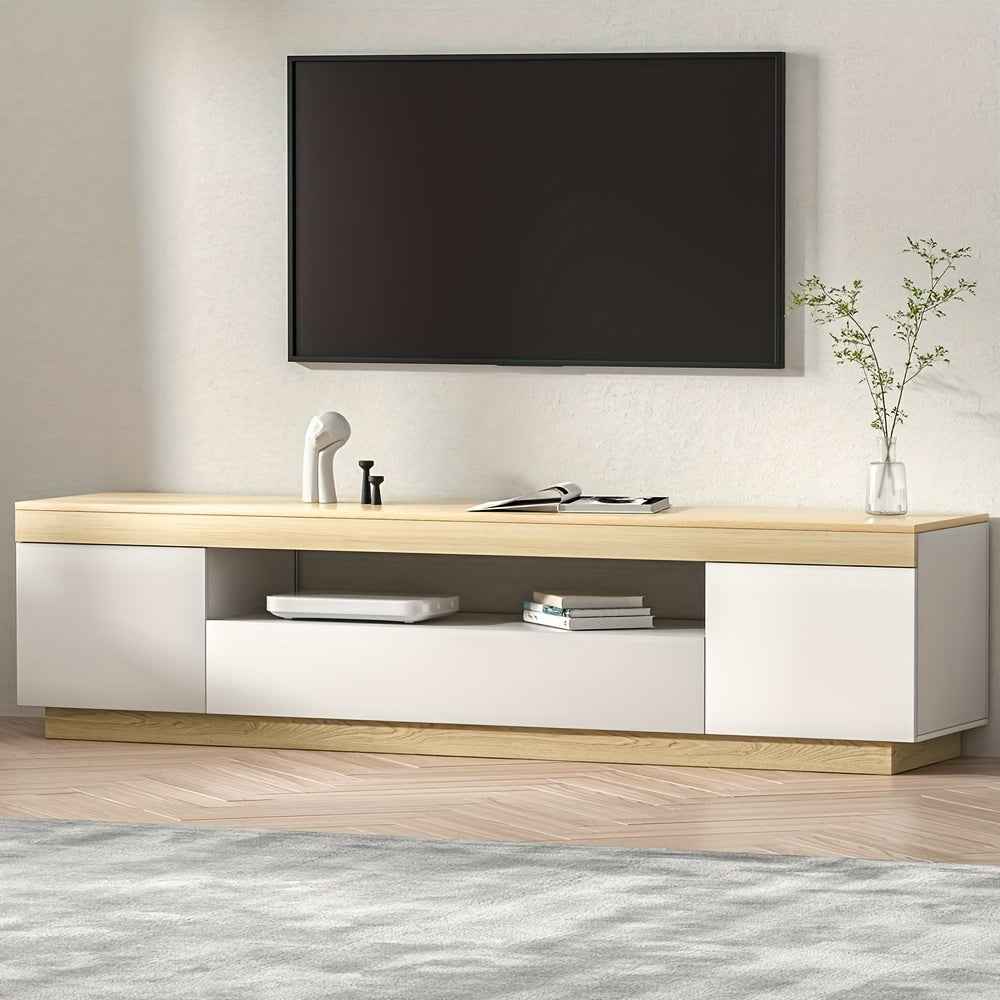 Lior 71" Modern TV Stand Entertainment Center with Dual-Tone White & Wood Finish, 2 Cabinets & Storage Drawer
