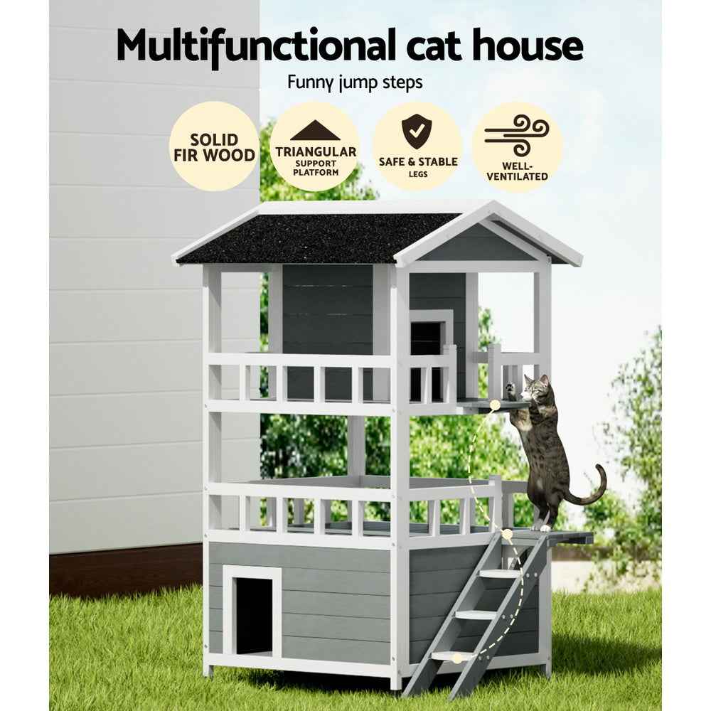 i.Pet Cat House Outdoor Shelter 72cm x 72cm x 127cm Hutch Wooden Condo Small Dog Pet Houses Enclosure