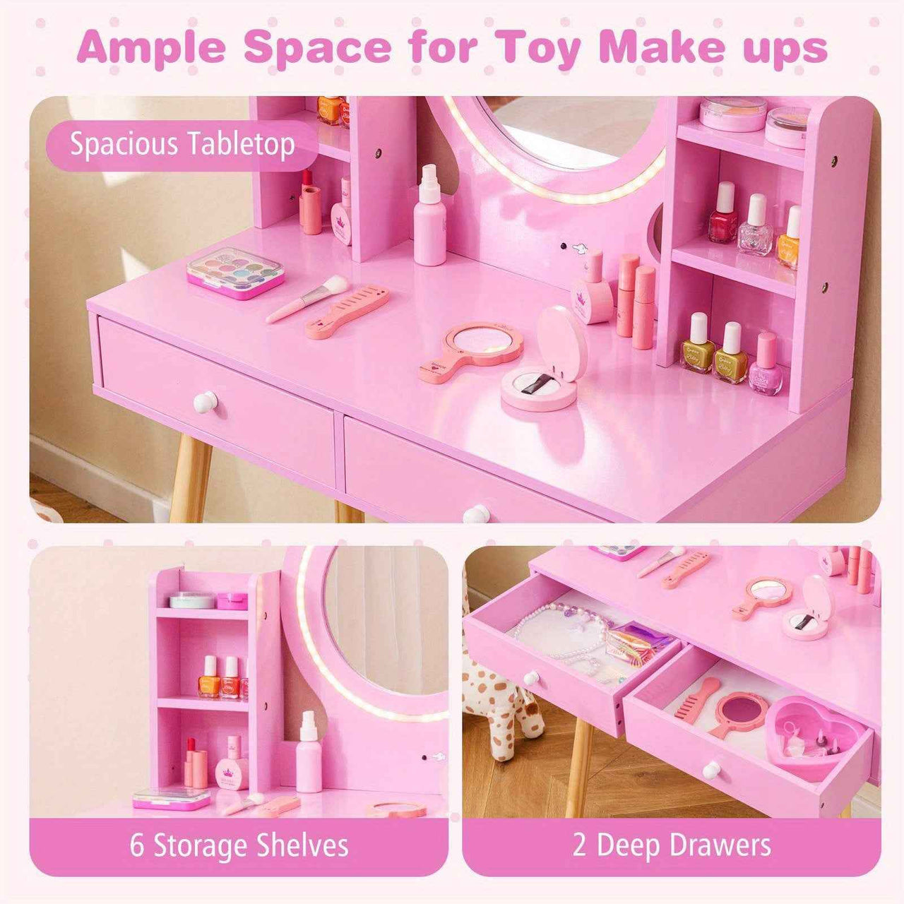 Pink Kids Vanity Dressing Table & Chair Set Makeup Desk & Chair w/ 2-Color Front Lit Mirror